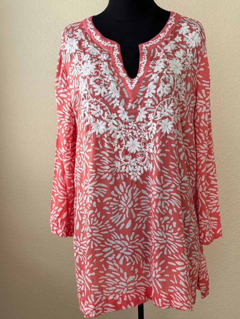 Charter Club XL Coral Embroidered Tunic Top White Floral Embroidery Long Sleeve